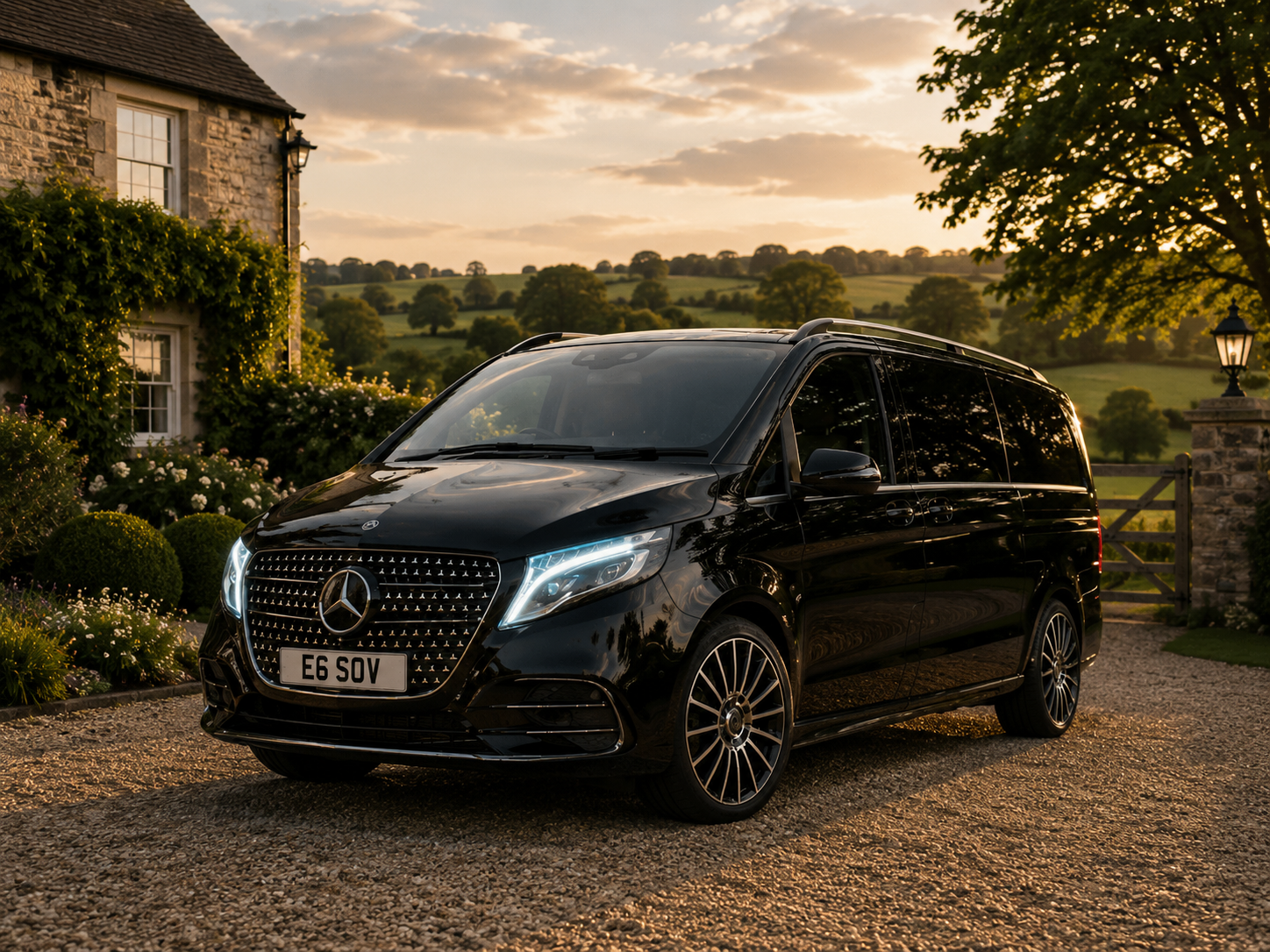 Black Mercedes-Benz V-Class luxury people carrier on a manor driveway at sunset