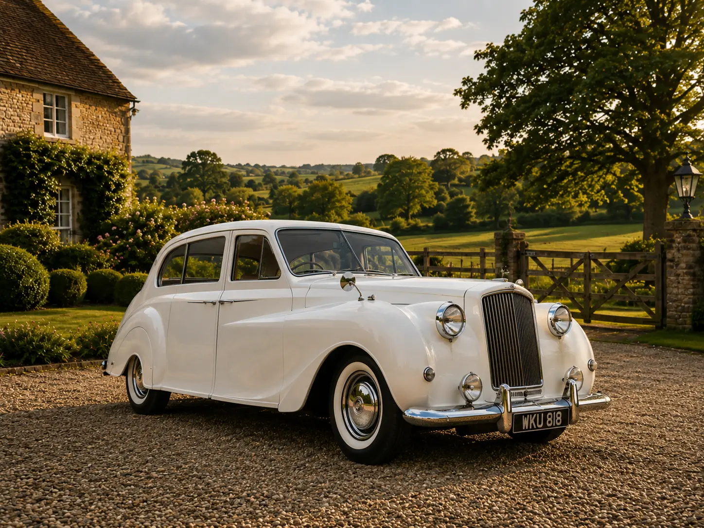 Classic white Princess limousine on a country driveway