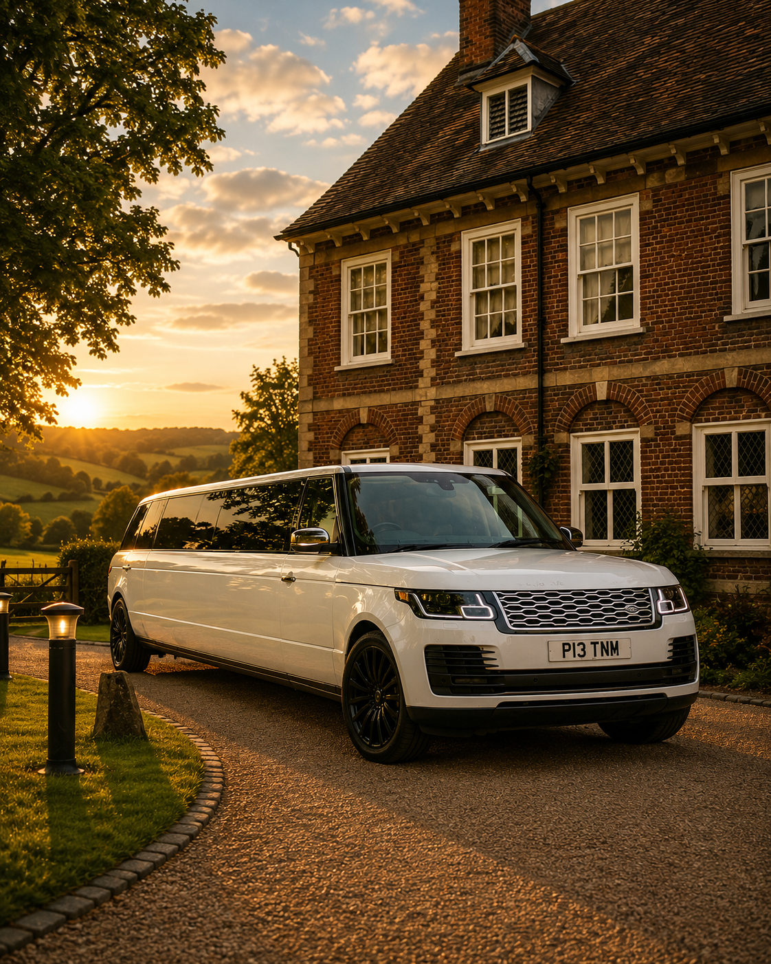 White stretched Range Rover limousine on a manor driveway at sunset
