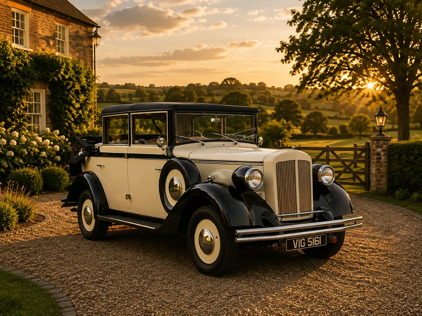 Vintage cream and black Regent wedding car at sunset