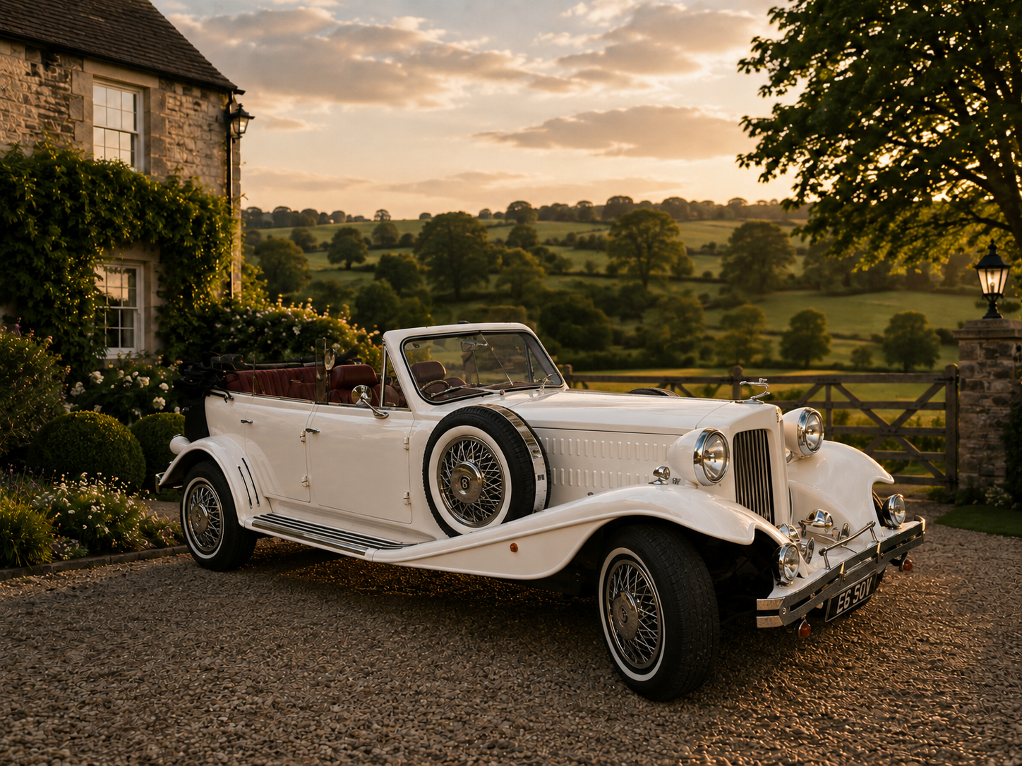 White vintage Beauford convertible wedding car on a country house driveway at sunset