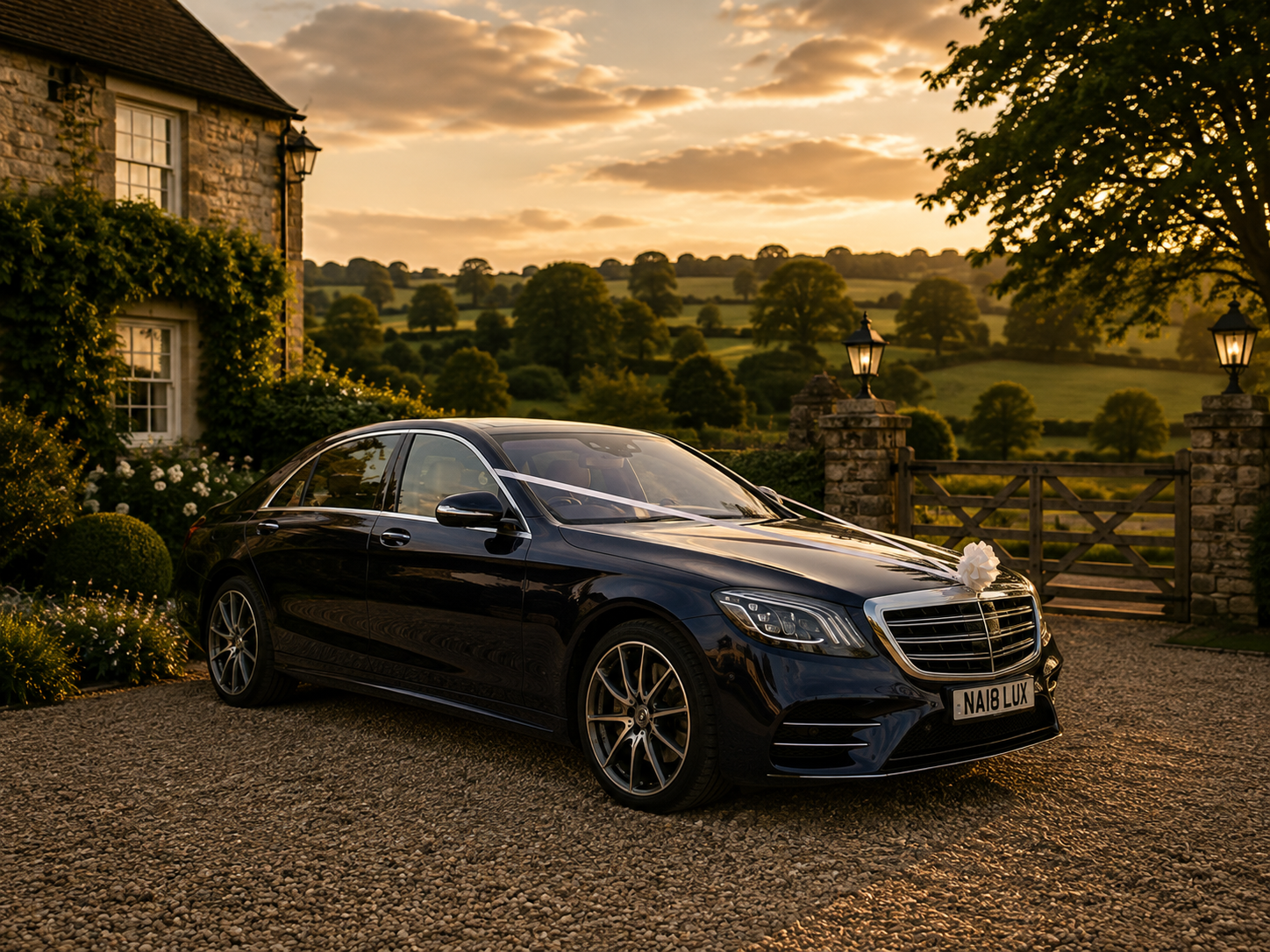 Black Mercedes-Benz S-Class with white wedding ribbon on a country estate driveway