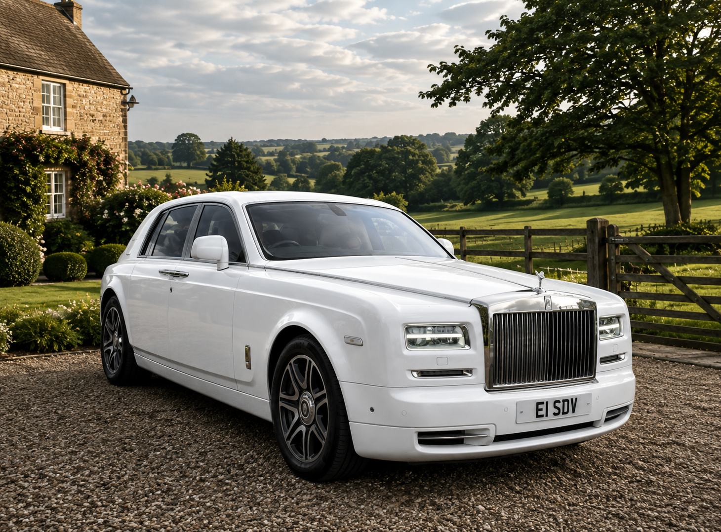 White Rolls-Royce Phantom Series II parked at a manor house