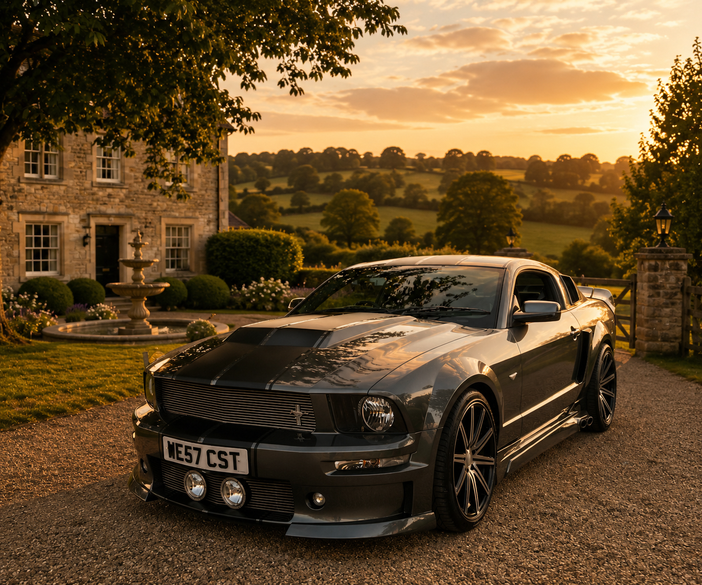 Black Ford Mustang GT with silver stripes on a manor driveway at sunset