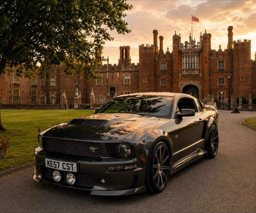 Grey Ford Mustang GT outside a historic manor at sunset