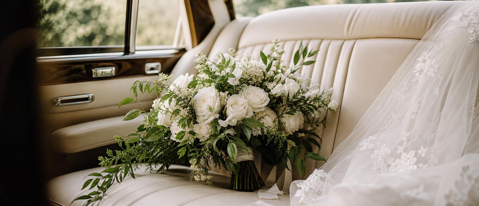 Bridal bouquet and veil on cream leather luxury car seats