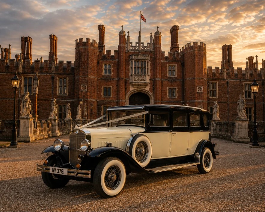 Vintage cream and black Bramwith wedding car with ribbons