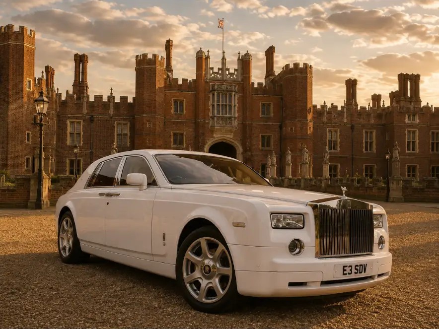White Rolls-Royce Phantom Series II parked at a manor house