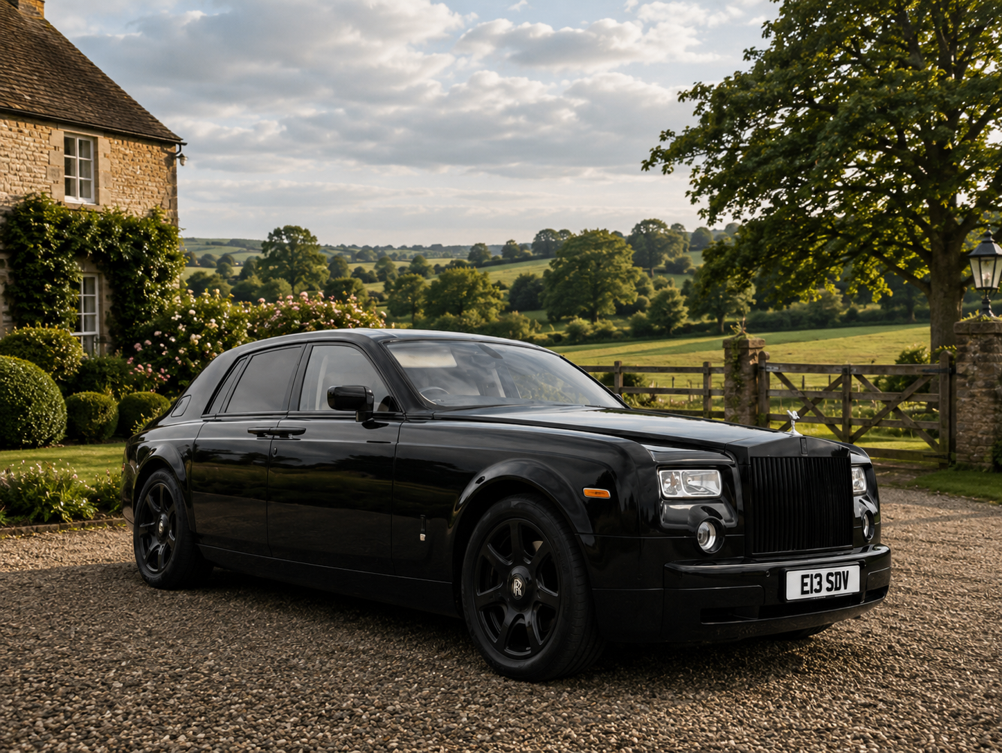 Black Rolls-Royce Phantom Series 1 outside a Cotswold stone house