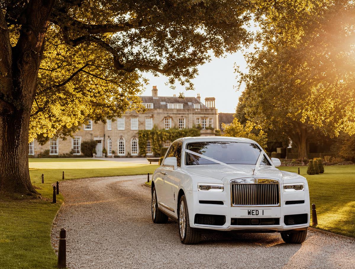 White Rolls-Royce wedding car on a Surrey country house driveway at golden hour